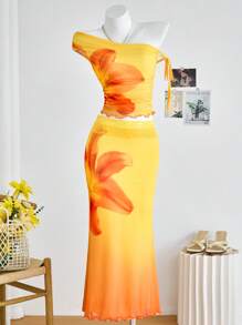 SHEIN Leap Crew 少女日落扎染花卉针织网眼不对称领口蝴蝶结褶饰上衣和 A 字形不对称下摆半身裙套装，休闲海滩度假日常装 - 黃色 - 查看 1