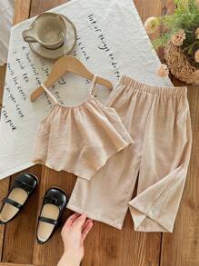 SHEIN LMoss Kids 2件套女婴针织纯色无袖上衣和宽松休闲裤套装 - 米色 - 查看 1