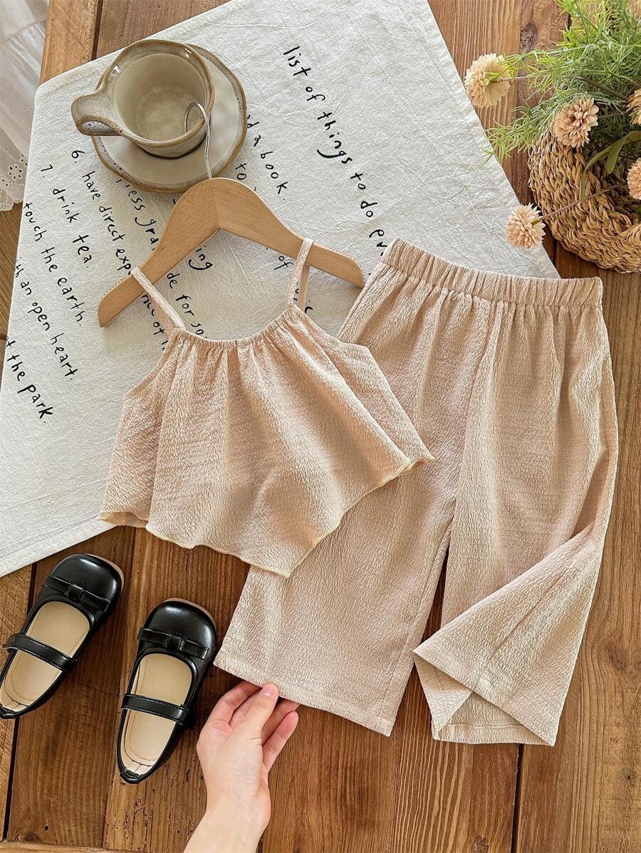 SHEIN LMoss Kids 2件套女婴针织纯色无袖上衣和宽松休闲裤套装 - 米色 - 查看 1