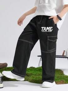 SHEIN Tween 男童宽松拼色韩版街头工装裤，适合运动、户外、校园、春夏秋冬 - 黑色 - 查看 1