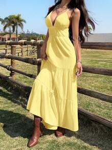 SHEIN EZwear Váy tốt nghiệp mùa hè hở lưng cổ chữ V phong cách Bohemian, màu vàng nhạt - Butter Yellow - Xem 3