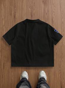 EASEVO Plus Size Men's Casual Loose White Floral Print Woven Shirt - Black - View 2