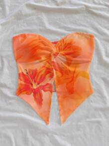 Soleia 2pcs Women Casual Summer Vacation Style Corset Top, Featuring Yellow Tie-Dye Pattern & Orange Tropical Flower Print, Asymmetrical Hemline, Suitable For Spring/Summer Holiday Tube Top