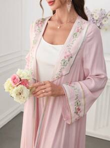 Al Najma Arabic Style Colorful Embroidery Floral Front Opening & Cuff Splice Outfit Set, Spring/Summer, Modest