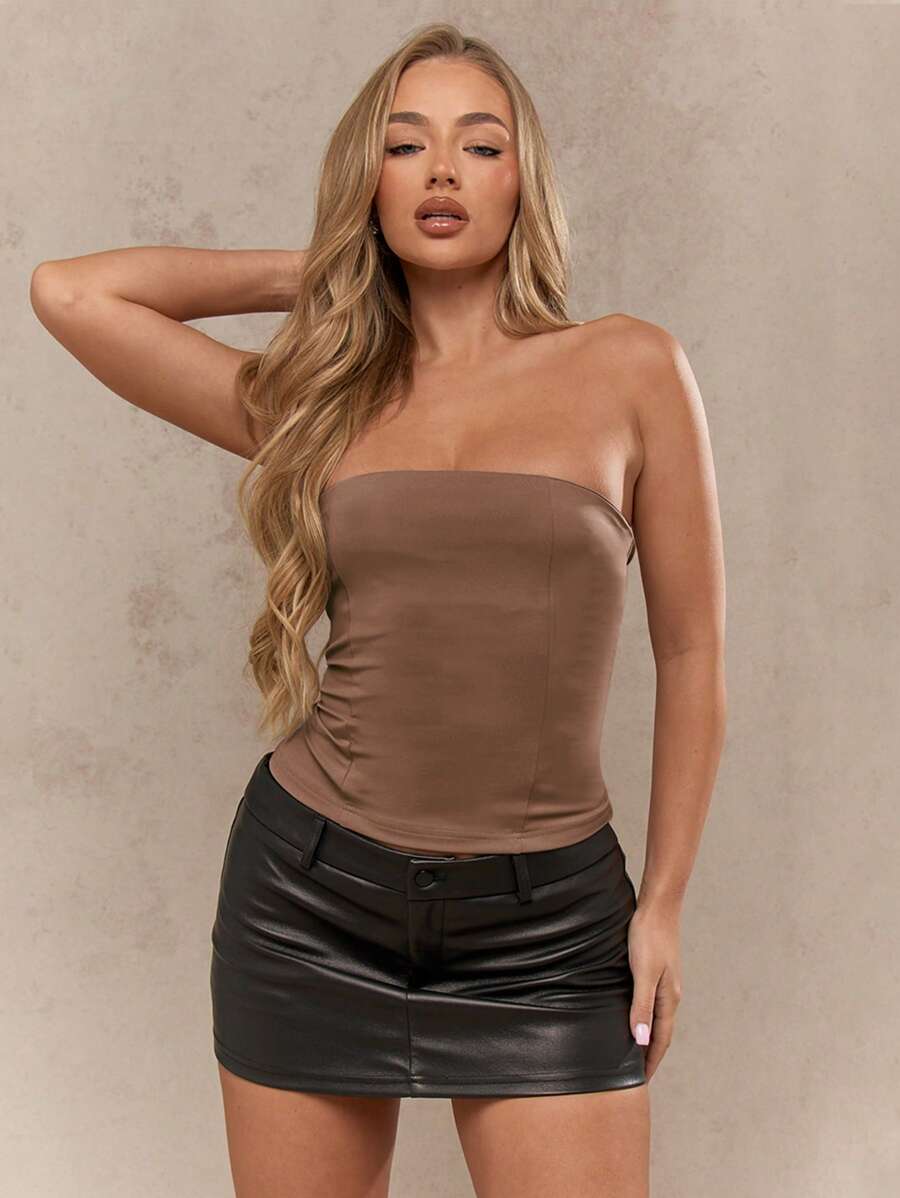 MISSGUIDED Corset Bodice Strapless Top Evening Party Club Wear Stretchy Figure Hugging Sleeveless Basic Fitted - Mocha Brown - View 1