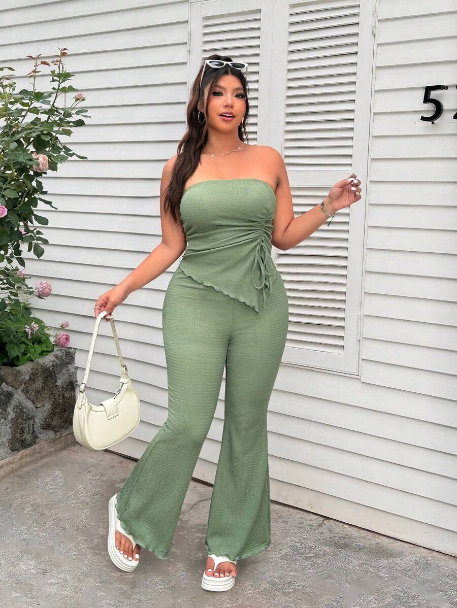 SHEIN EZwear Bộ 2 món: Áo Bandeau màu cà phê và quần ống loe, cỡ lớn, quần áo xuân hè - xanh quân đội - Xem 1
