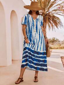 EMERY ROSE Vestido casual de manga corta con cuello en V, bolsillo y tintes de amarre, talla grande, verano - Azul y blanco - Ver 3