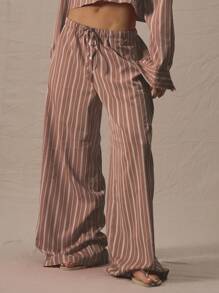MUSERA Mid Rise Drawstring Waist Wide Leg Trousers Bottom Only Summer Cute Vacation Stripe Holiday Casual - Khaki - View 3