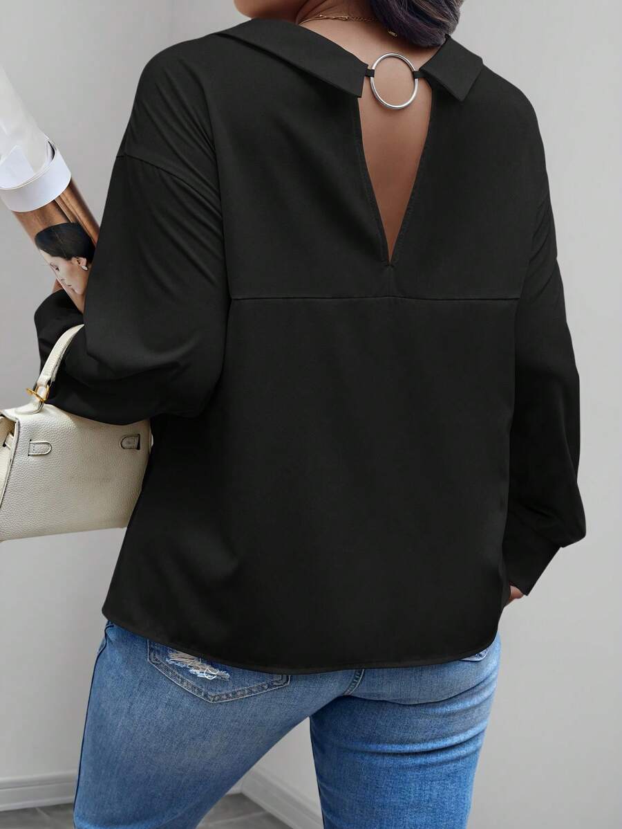 Elenzga Áo sơ mi dài tay đơn giản cài nút màu trơn cỡ lớn dành cho nữ mặc hàng ngày - màu đen - Xem 1