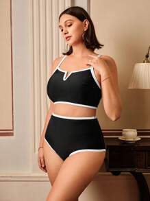 Swim Lushoire Plus Size 2-Piece Swimsuit Set - Spaghetti Strap Top & Triangle Bottoms For Summer Beach Vacation - Black - View 3