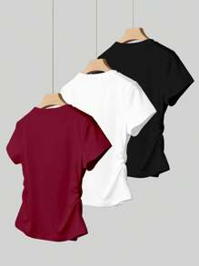 INAWLY 3pcs Pack Women Solid Color Simple Versatile Short Sleeve T-Shirts Tops, Suitable For Summer - Multicolor - View 2