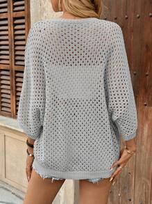 EMERY ROSE Jersey de mujer suelto y casual de cuello redondo, mangas de murciélago, calado, color albaricoque, para primavera/otoño - Gris - Ver 2