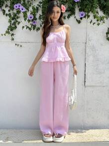 SHEIN Leap Crew Teen Girls 2pcs/Set Casual Minimalist Comfortable Ruffle Hem Camisole And Shorts Set - Pink - View 4