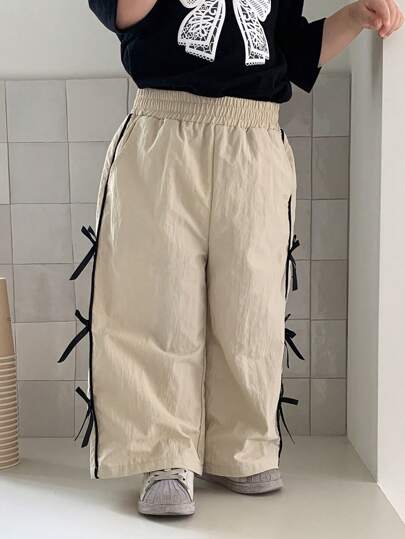 Hapijoa 女婴休闲宽松喇叭裤，饰有蝴蝶结，夏季幼儿女童服装
