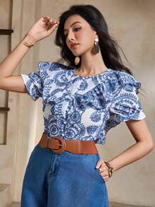 DAZY Elegant Floral Print Round Neck Ruffle Cuff Blouse For Women, Summer Vacation - Blue - View 6