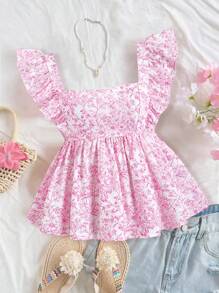 Sweetra 女式复古方领设计腰部收紧盖袖轻盈荷叶边下摆法式休闲假日衬衫，夏季 - 彩色 - 查看 3