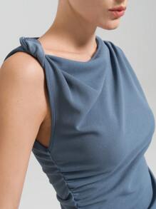 Ontre 2025 New Autumn Women's Twist Shoulder Elegant T-Shirt, Side Seam Pleated Slit Waist, T-Shirt, Business Casual Women's Vacation Beach Birthday Party, Women's Teacher Uniform Basic Top, Outdoor Top, Women's Office Wear - Blue - View 6