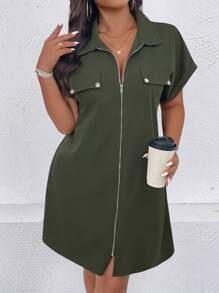 SHEIN LUNE Plus Size Women's Zipper Rivet Decorated Splice Wind Short Sleeve Shirt Dress - Green - View 3