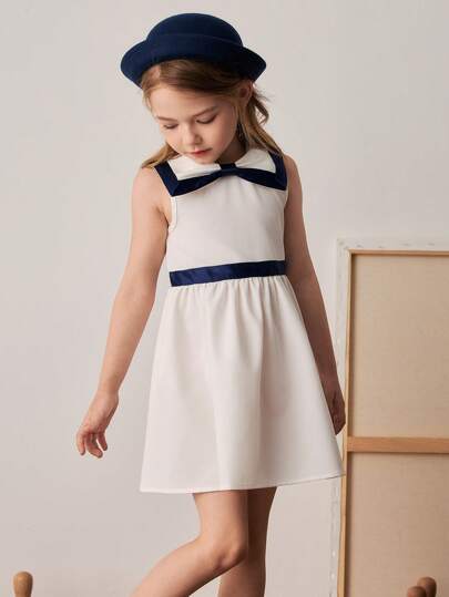 PrepCrw 小女孩蝴蝶结装饰无袖A字裙，学院风