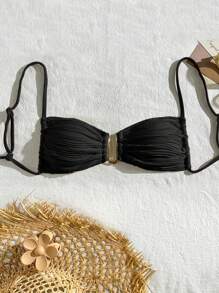 SHEIN Swim Women's Solid Color Textured Summer Beach Bikini Top - Black - View 4