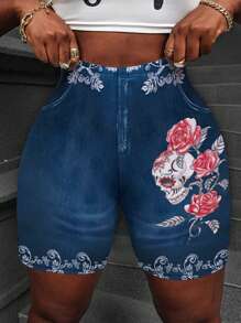 INAWLY Plus Size Floral Print Summer Elastic Waist Cycling Shorts - Multicolor - View 1