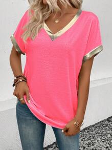 SHEIN VCAY Women's V-Neck Short Sleeve PU Leather Splice Casual Fashion T-Shirt, Spring/Summer - Watermelon Pink - View 4