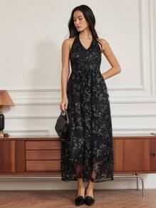 Dazy-Less Robe décontractée sans manches à bretelles fines pour femmes, robe mi-longue évasée avec design de dentelle ajourée, fleurs ditsy et paillettes scintillantes. Convient pour les mariages, les fêtes et les carnavals d'été