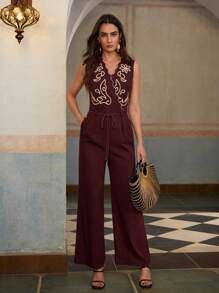 ZEYLAH Women's Elegant Linen Color Blocking Embroidery Sleeveless Jumpsuit, Summer Vacation, Boho Chic - Coffee Brown - View 5