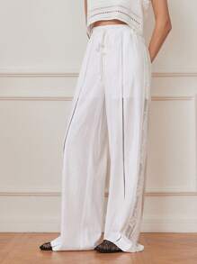 Dazy-Less Linen Leisure Vacation Style Hollow Out Lace Up Drawstring Waist Women's Wide Leg Pants Business Casual Woman Work Clothes - White - View 5