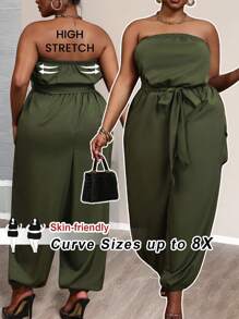 SHEIN CURVE+ Plus Size Casual Streetwear Olive Green Off-Shoulder Jumpsuit With Belt, Pockets And Elastic Cuffs, Curve Plus, Boho Vacation Beach Outfits For Woman/Beach Dress/Beach Vacation Outfits/Beach Essentials / Graduation/Tea Party Dress/Graphic Tees - Army Green - View 1