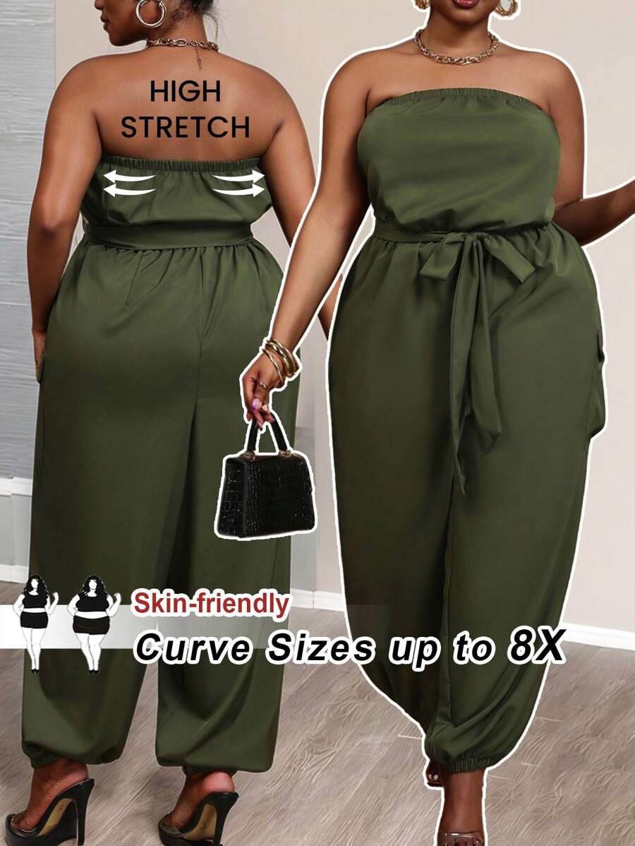 SHEIN CURVE+ Plus Size Casual Streetwear Olive Green Off-Shoulder Jumpsuit With Belt, Pockets And Elastic Cuffs, Curve Plus, Boho Vacation Beach Outfits For Woman/Beach Dress/Beach Vacation Outfits/Beach Essentials / Graduation/Tea Party Dress/Graphic Tees - Army Green - View 1