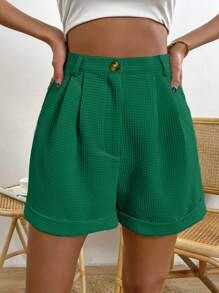 SHEIN LUNE Women's Solid Color Fashionable Mid-Thigh Shorts, Suitable For Summer - Green - View 6
