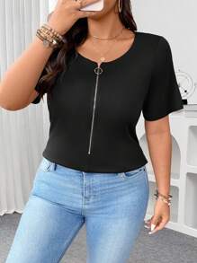 Calvaya Zip V-Neck Solid Color Short Sleeve Bodycon Plus Size T-Shirt, Going Out Tops For Women In Summer BASICS - Black - View 6