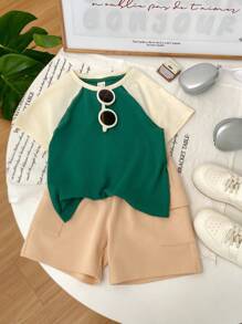 SHEIN 2pcs/Set Pakaian Anak Laki-Laki Kasual Serbaguna dengan Warna Kontras, Terdiri dari Kaos Lengan Raglan dan Celana Pendek - MultiWarna - View 4