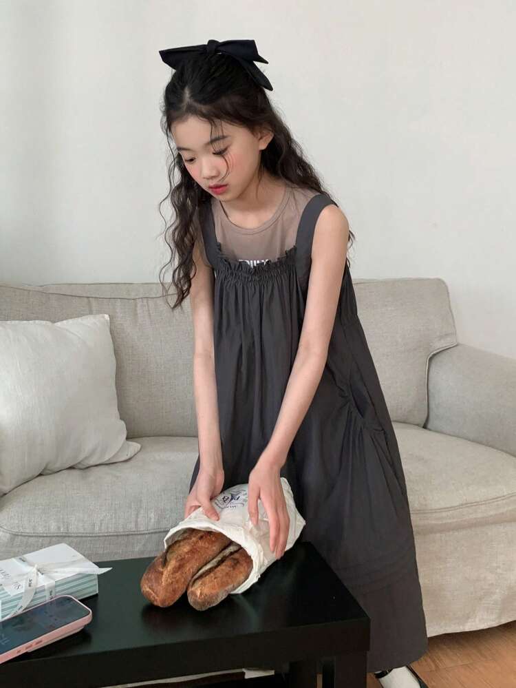 Tween Girl Round Neck Sleeveless T-Shirt And Solid Color Slip Dress 2 Pieces Set