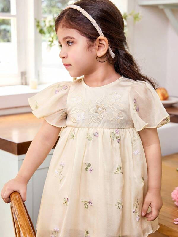 Cute & Elegant Apricot Organza Floral Embroidered Short Sleeve Baby Girl Summer Dress
