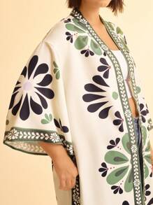 CAJUNI Plus Size Women's Boho Tropical Vintage Print Loose Beach Cover-Up Cover Up With Wide Sleeves, Holiday Clothes, Vacation Outfits Woman, Festival - Multicolor - View 5