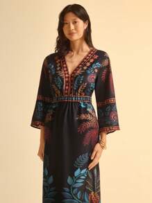 CAJUNI Casual Tropical Colorful Floral Retro Print Deep V-Neck Backless Maxi Dress For Women - Multicolor - View 3