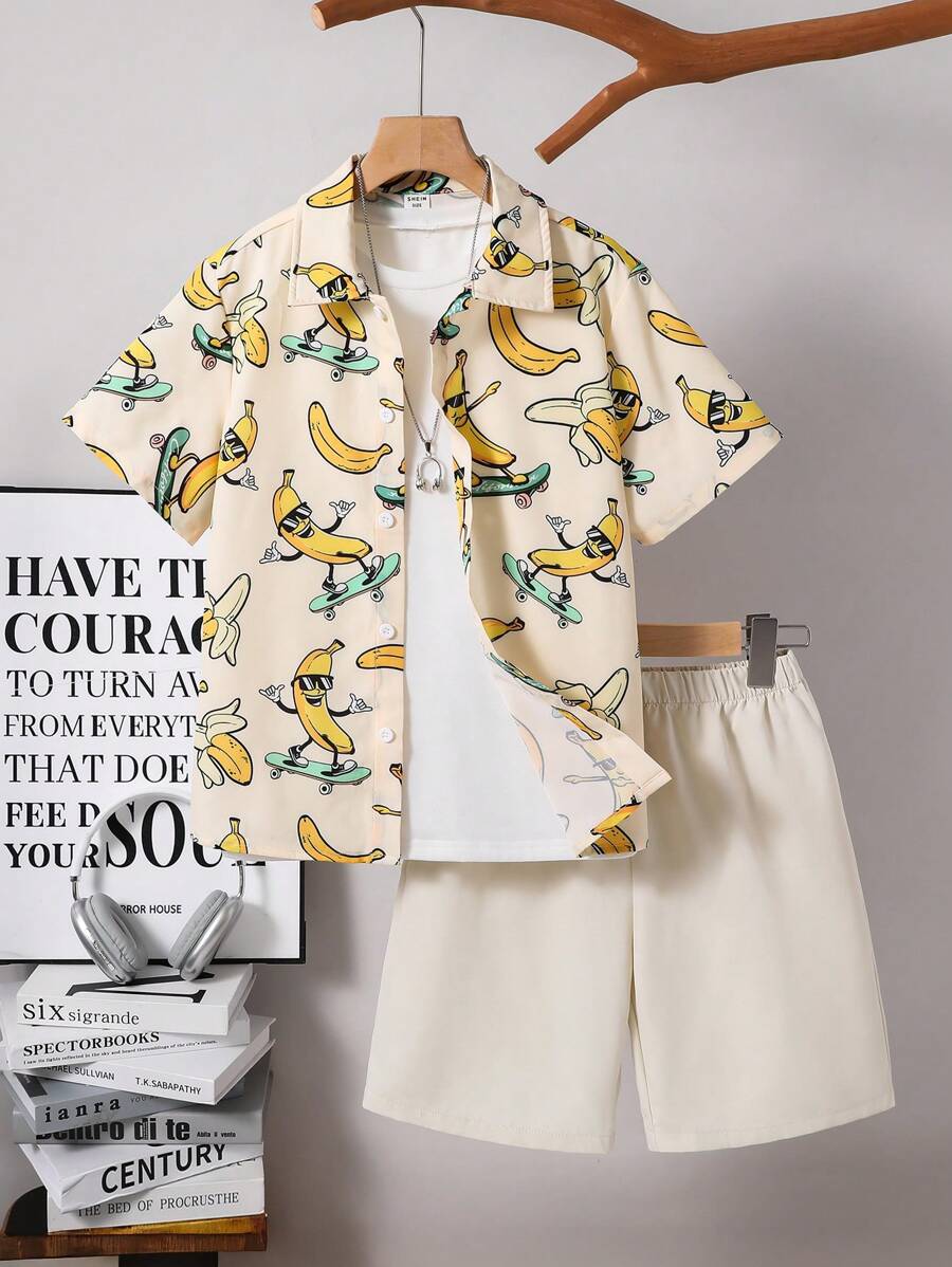 SHEIN 2pcs/Set Tween Boy Casual Loose Turndown Collar Patterned Short Sleeve Shirt & Shorts Set - Apricot - View 1
