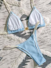 Swim Mod 两件套女士夏季休闲沙滩度假双色金属贝壳装饰性感三角杯航海风海军蓝白比基尼套装 - 藍色 - 查看 4