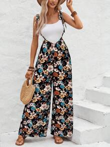 SHEIN LUNE Plus Size Floral Printed Sleeveless Jumpsuit, Suitable For Summer Vacation Graduation Outfit 4th Of July White Graduation - Multicolor - View 1