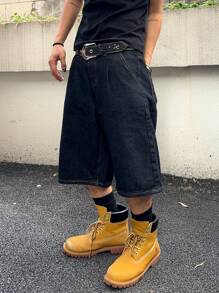 Manfinity Hypemode Men's Casual Denim Wide Leg Bermuda Shorts, Fashionable For Summer