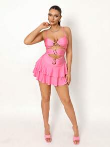 Zolique 女士金属装饰深 V 领性感无袖洋红色连体裤，适合度假穿着 - 粉色 - 查看 3