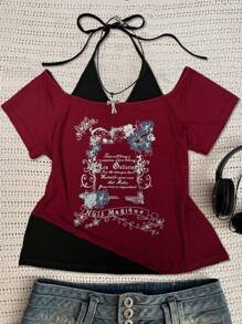 SHEIN PETITE CURVE Plus Size Floral Print Tie Front Short Sleeve T-Shirt, Summer Casual