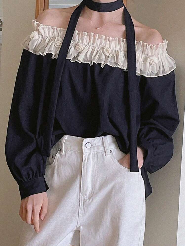 Women's Contrast Color Ruffle Off Shoulder Long Sleeve Loose Casual Vacation Blouse Shirt, Autumn