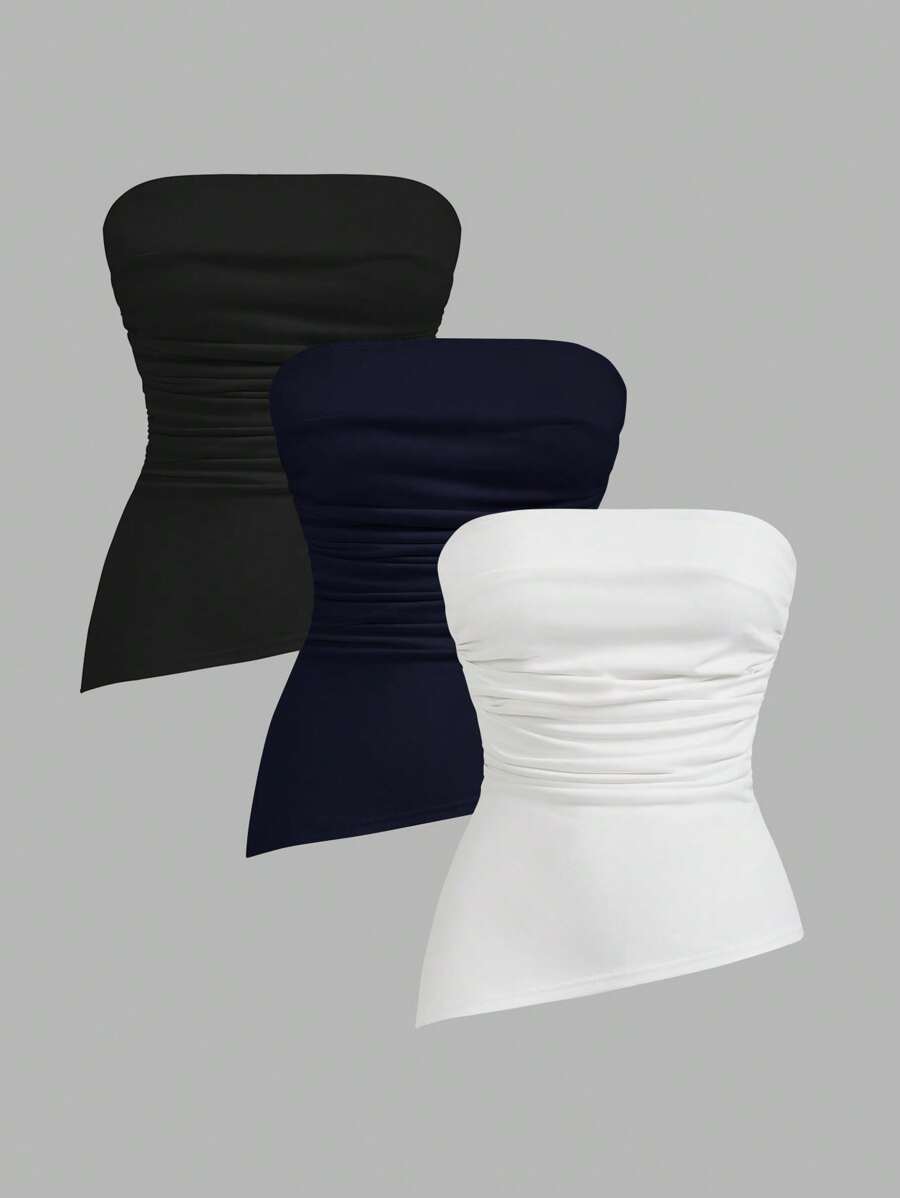 SHEIN EZwear 3 件套黑色、白色、海军蓝女士休闲褶皱开衩修身吊带背心上衣,适合夏季 - 彩色 - 查看 1