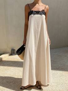 Livesso 女士夏季蕾丝拼接宽松黑白撞色中长吊带连衣裙，亚麻材质，休闲女装，舞会礼服，度假风。