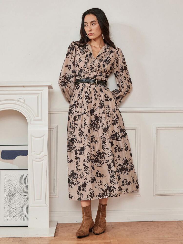 Ditsy Floral Pleated ShirtDress, Boho Design, Suitable For Fall & Spring Holidays, Teacher Outfits Long Sleeve Dress Business Casual Woman Dress