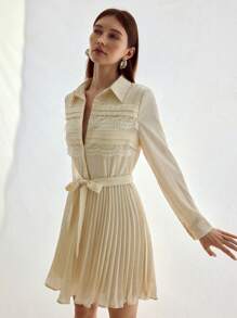 MOTF STUDIO LACE INSERT TEXTURED SATIN PLEATED SHORT DRESS, LONG SLEEVE SHIRT DRESS