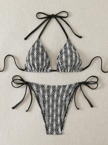 SHEIN Swim 2 piezas Conjunto de bikini de mujer sexy con escote halter de punto jacquard con lazo, para verano - Blanco y Negro - Ver 7